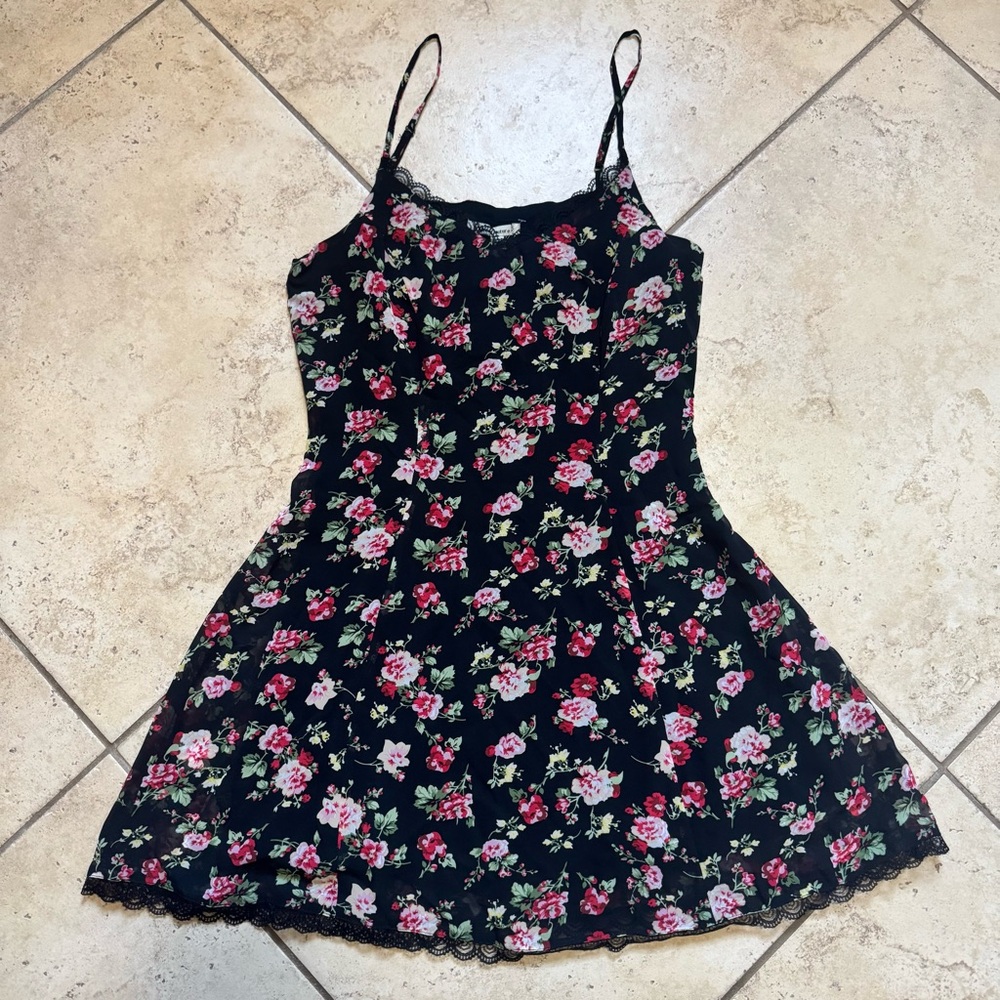 Lucca Couture Black Floral Slip Dress with Pink and Green Blooms